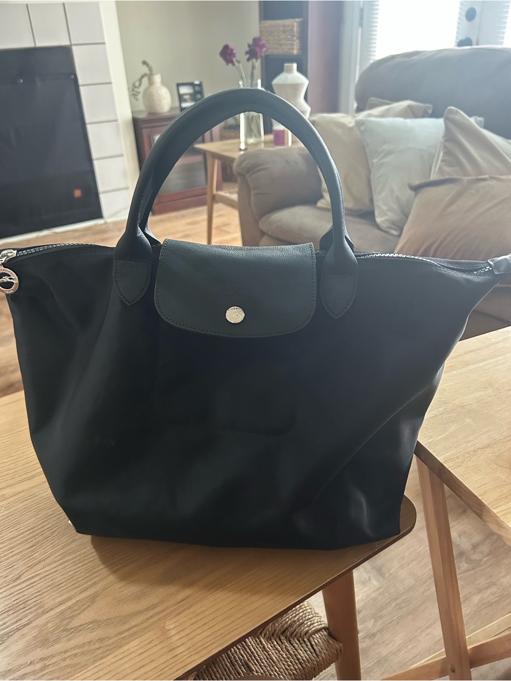Longchamp Black Top-Handle Nylon Tote
